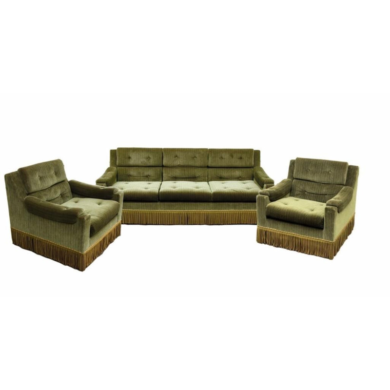 Vintage lounge set green velvet sofa and armchairs with fringes, France 1960