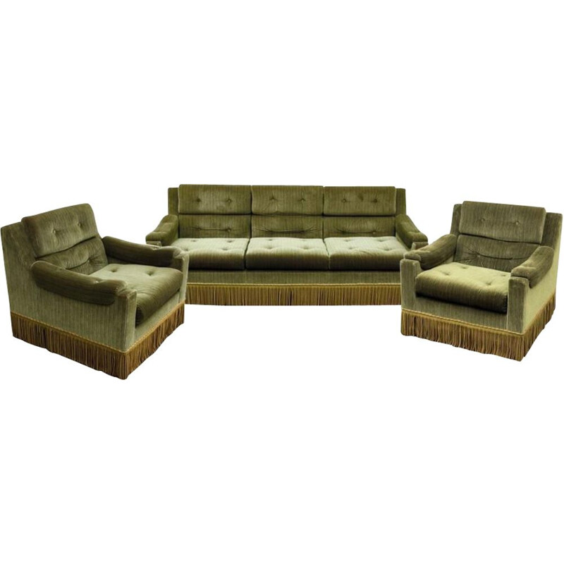 Vintage lounge set green velvet sofa and armchairs with fringes, France 1960