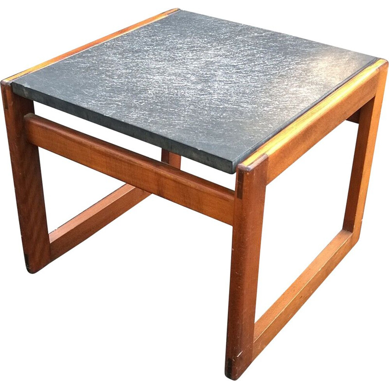 Table basse vintage en bois et pierre d'ardoise, 1970-1980