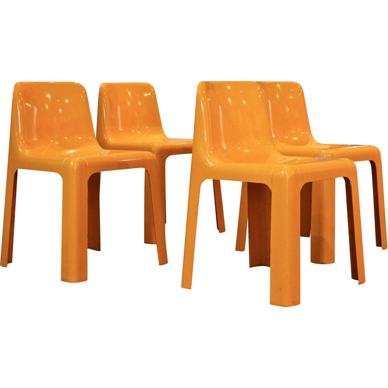 Ensemble de 4 chaises oranges Roche Bobois en fibre de verre, Marc BERTHIER  - 1970