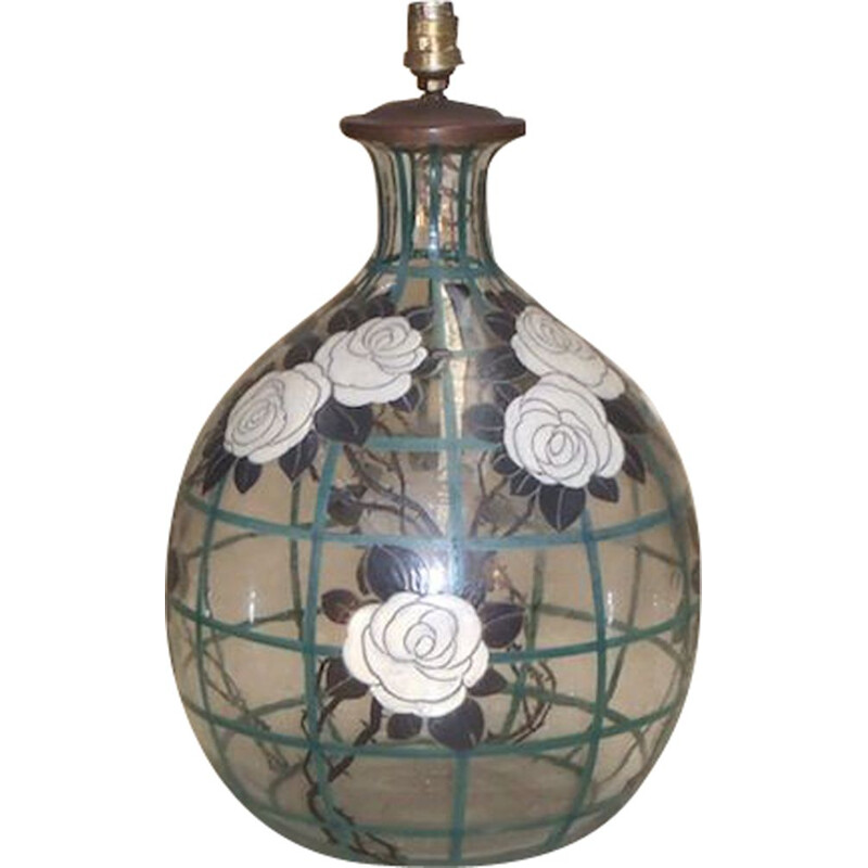 Vase vintage en verre soufflé décors de roses stylisées, 1930