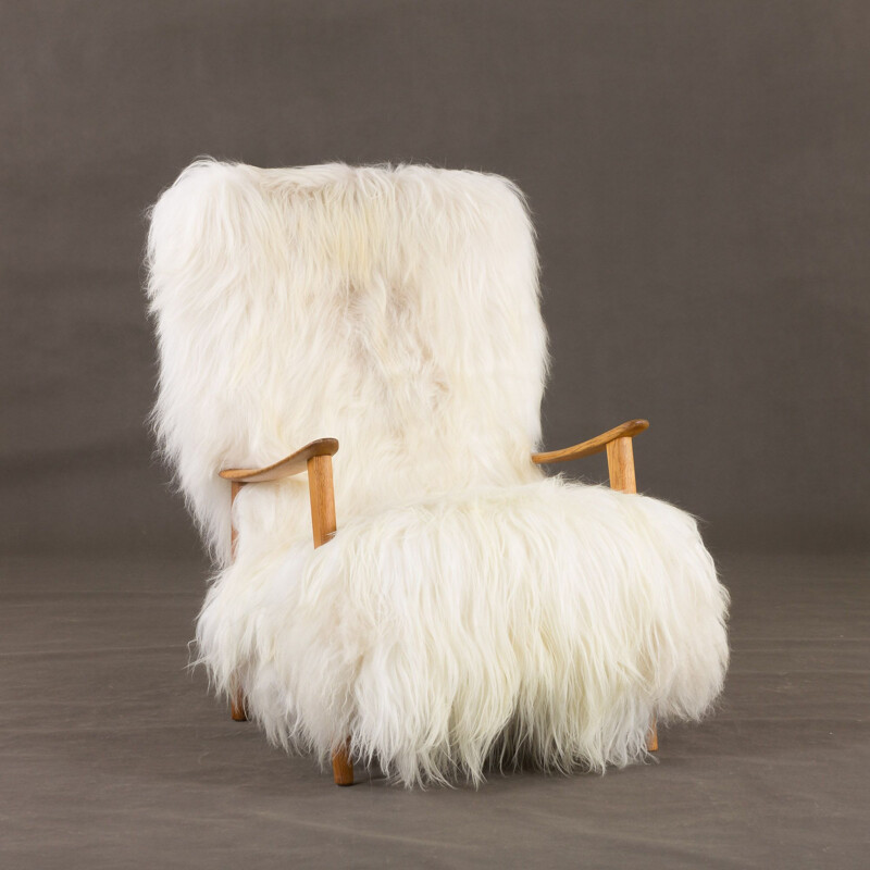 Chaise lounge vintage à haut dossier en peau de mouton à poils très longs,  Danemark, 1960