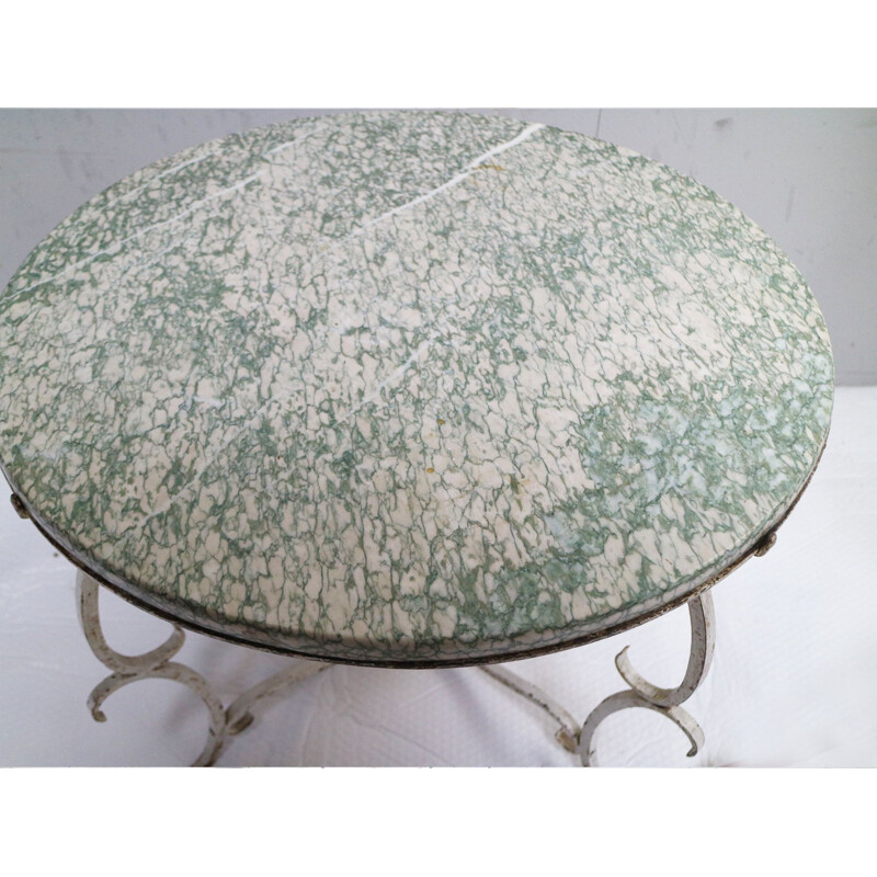 Table basse de jardin vintage en fer forgé et marbre