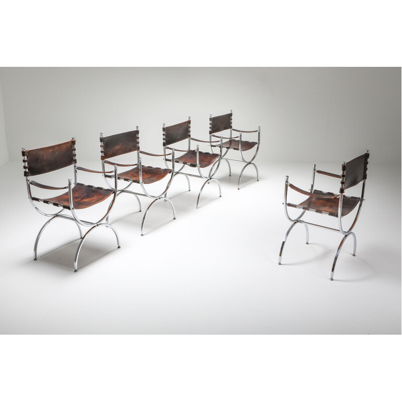 Lot de 5 chaises Empereur "Savonarola" en cuir et chrome de la Maison  Jansen, 1970