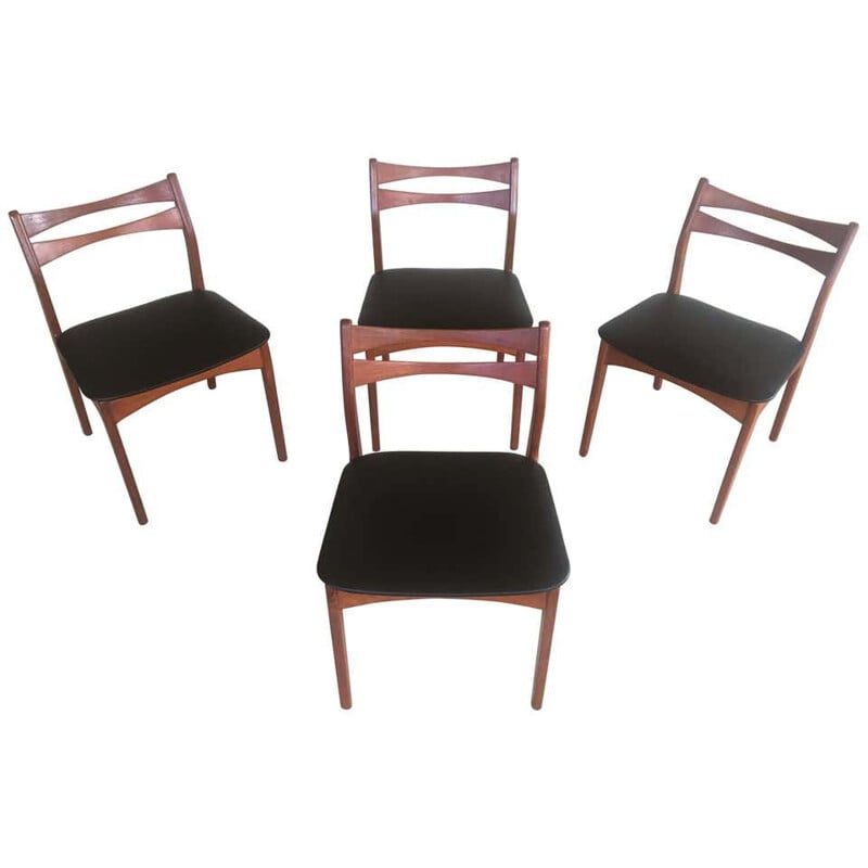 Set van 4 vintage teakhouten stoelen, bekleed met zwart kunstleer, Denemarken, 1960