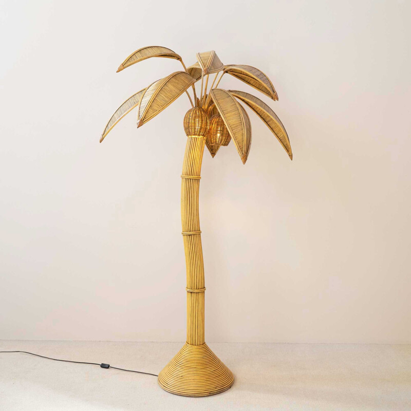 Lampadaire palmier vintage en rotin