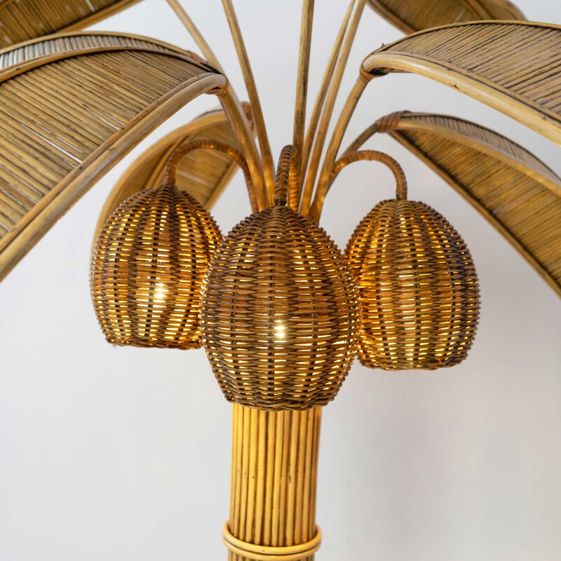 Lampadaire palmier vintage en rotin