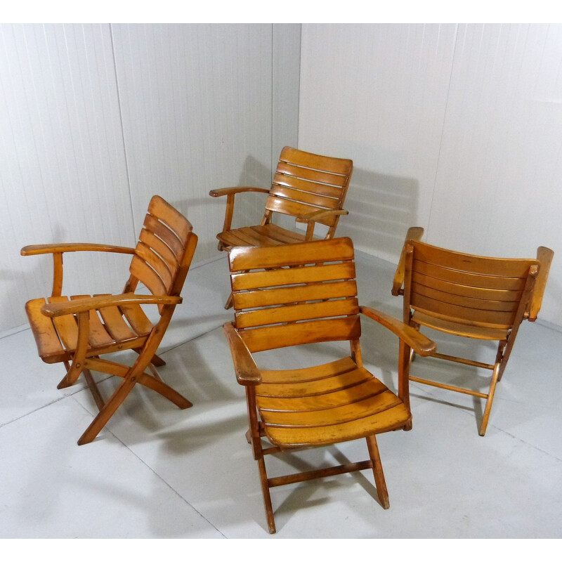 Set of 4 vintage wooden folding garden chairs by Herlag, 1960s