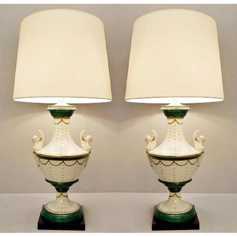 Pair Of Vintage Italian Porcelain Table Lamps By Giulia Mangani,  Neo-Classical Urn Shaped