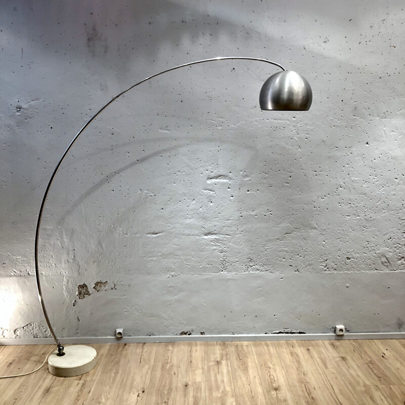Vintage Arco floor lamp in brushed stainless steel with travertine base 1970