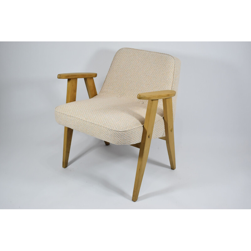 Vintage polish armchair, beige oak wood 1960