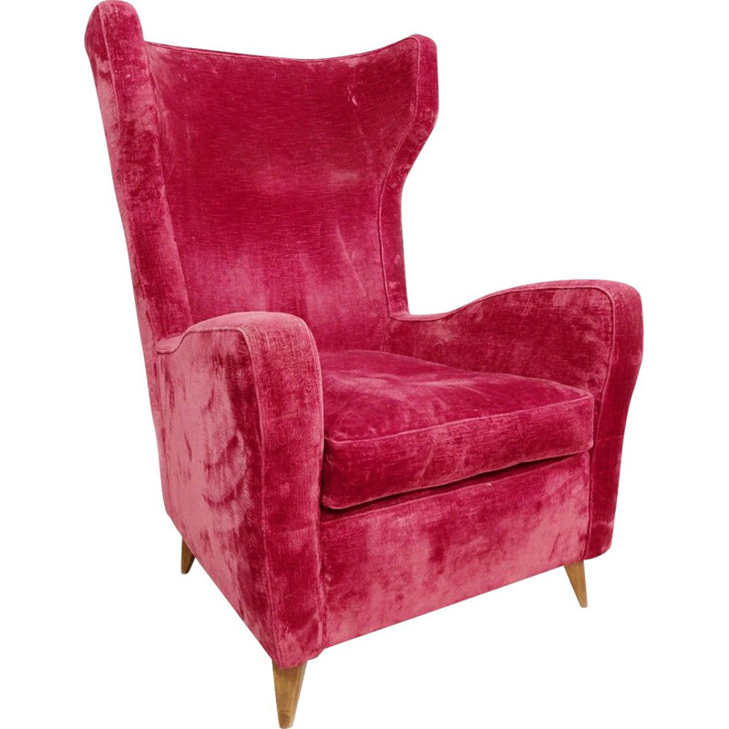 Grand fauteuil vintage en velours rouge à dossier haut italien 1950