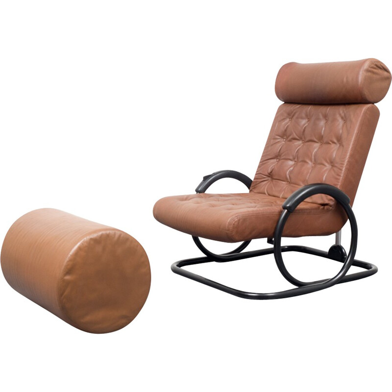 Prototeam & Herman Miller "Synchro" armchair and footrest in brown leather - 1970s