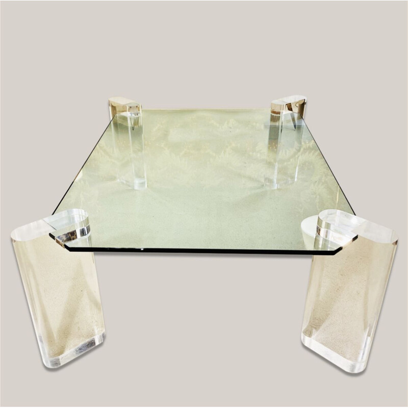 Table basse vintage en verre avec pieds en plexiglas