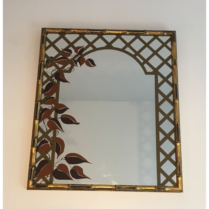 Miroir vintage Décoratif Façon Faux-Bamboo en Bois Doré et Décor Floral  Imprimé 1970