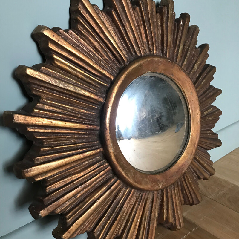 Espejo de sol vintage en madera dorada, 1950