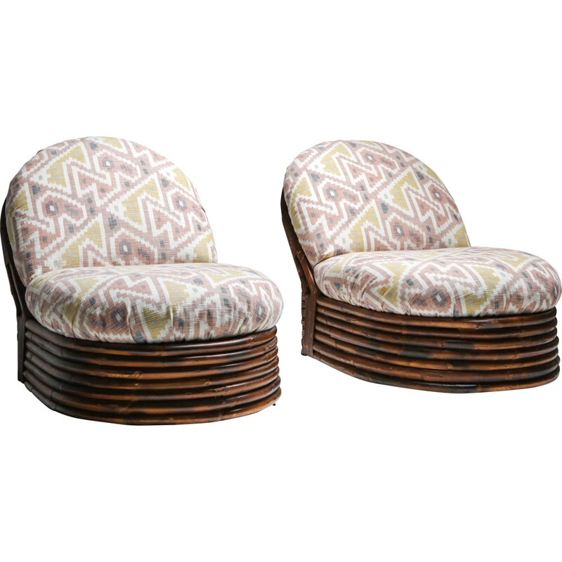 Pair of Vintage Bamboo Lounge Chairs in Pierre Frey Jacquard 1970s