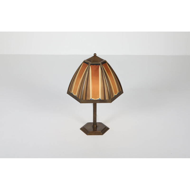 Vintage Bronze and coloured glass art deco lamp Netherlands 1920s