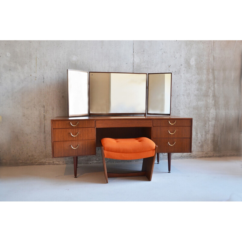 Meredew dressing table in teak with 3 mirrors and matching stool - 1970s