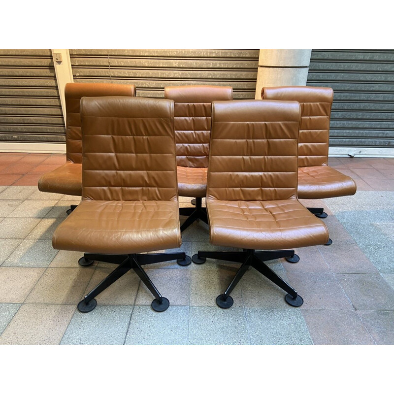 Set van 5 vintage bruin lederen fauteuils