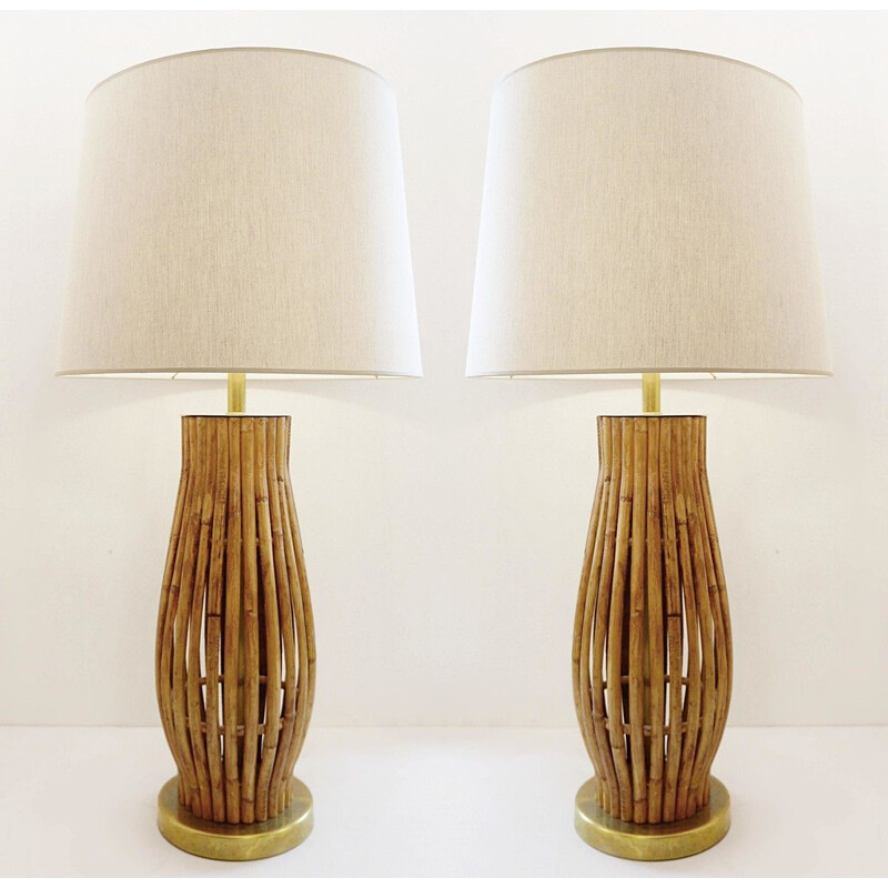 Pair of Large vintage Brass And Bamboo Table Lamps