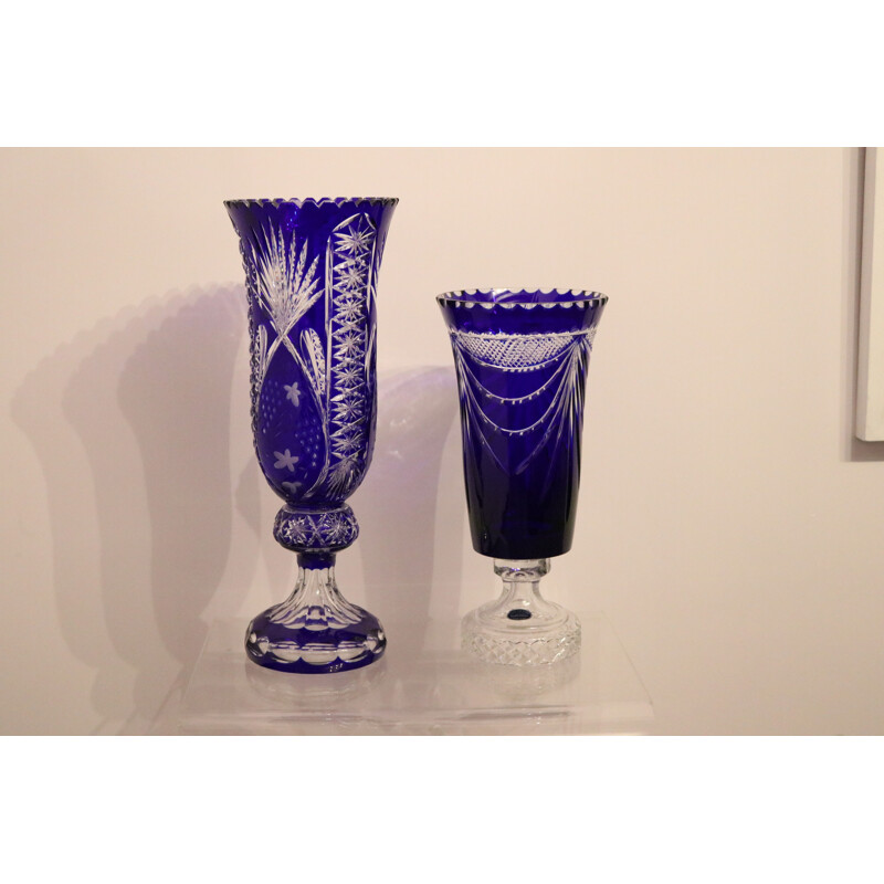 Paire de vases vintage en cristal de bohème soufflé à la bouche et fait main,  France