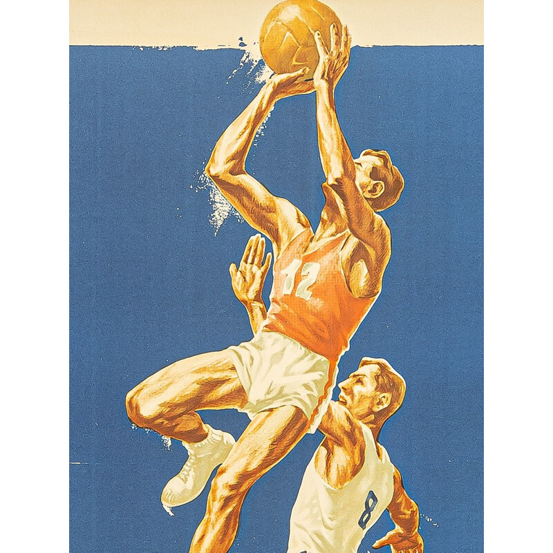Affiche sportive vintage en bois et en verre pour le championnat d'Europe  de basket-ball,