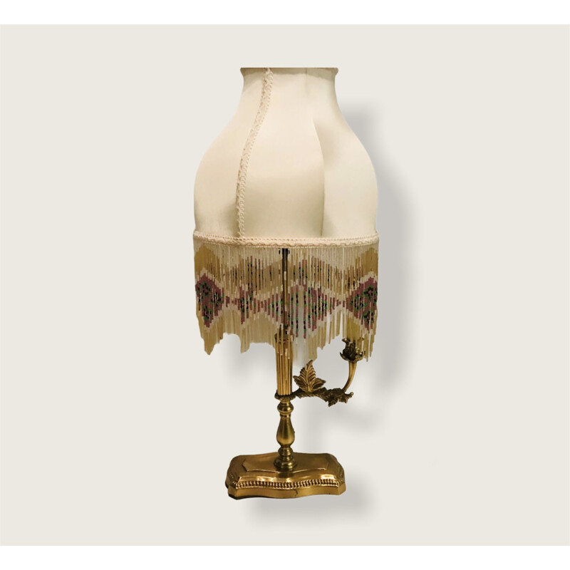 Vintage Brass Table Lamp with Silk Beaded Fringe Shade
