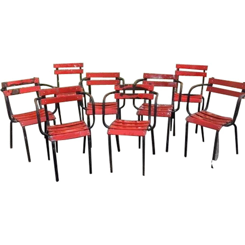 Lot de 6 de fauteuils et 2 chaises vintage en métal de style bistrot Tolix  1960