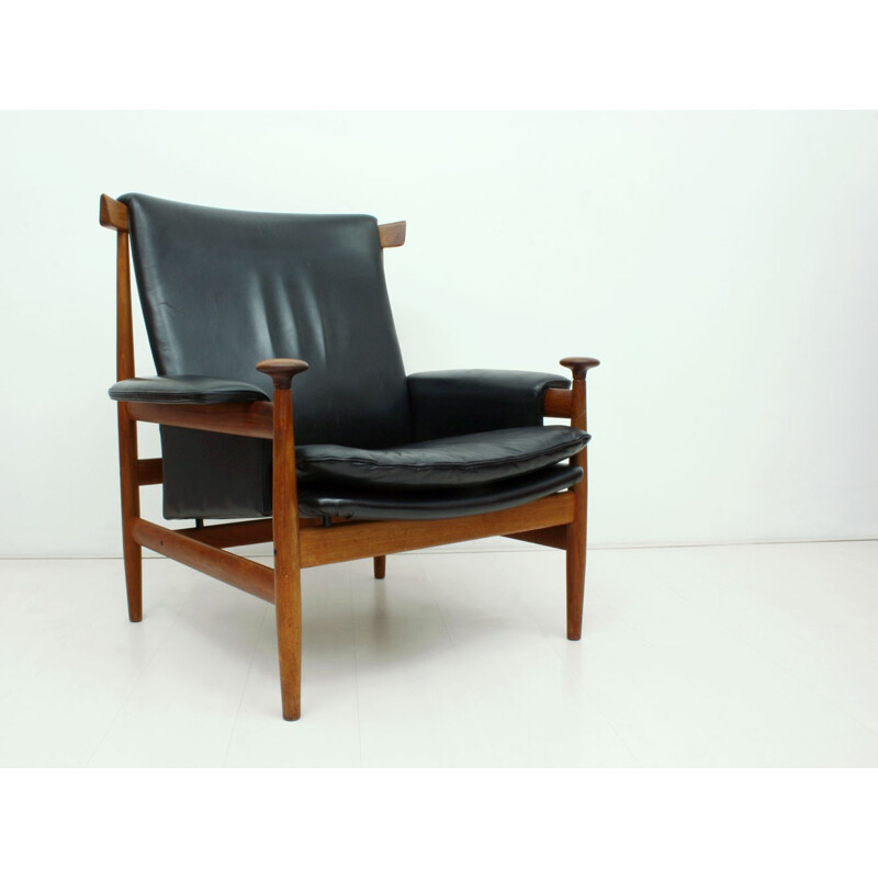 Black leather Bwana Model 152 Easy Chair with foot stool by Finn Juhl