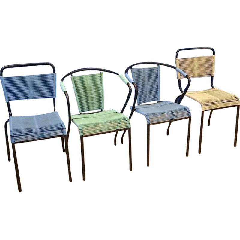 Ensemble de chaises et fauteuils en scoubidou bleu et vert - 1960