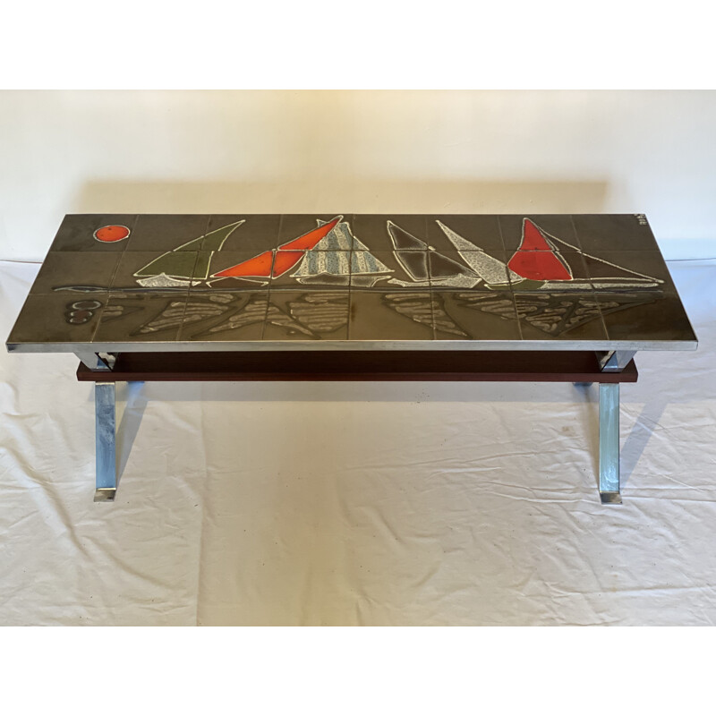 Table basse vintage avec des carreaux décorés par "Adri", Belgique