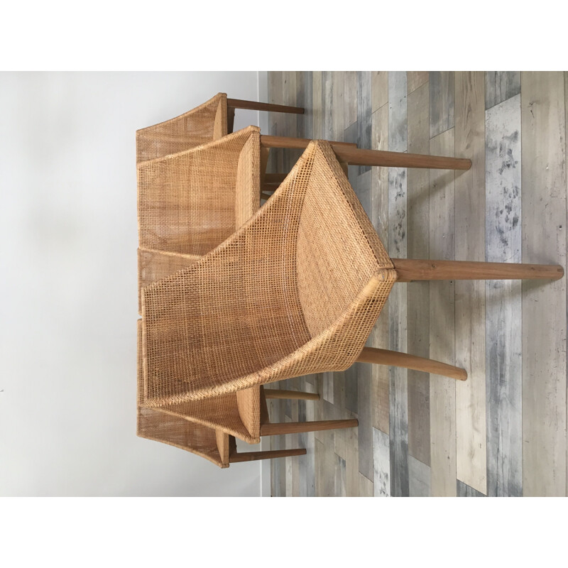 Bek presentatie Riet Suite van 6 vintage stoelen in rotan en Frans hout