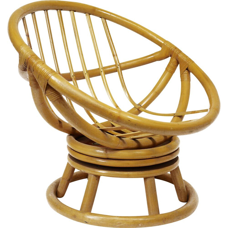 Chaise vintage pivotante ronde en bambou 1970