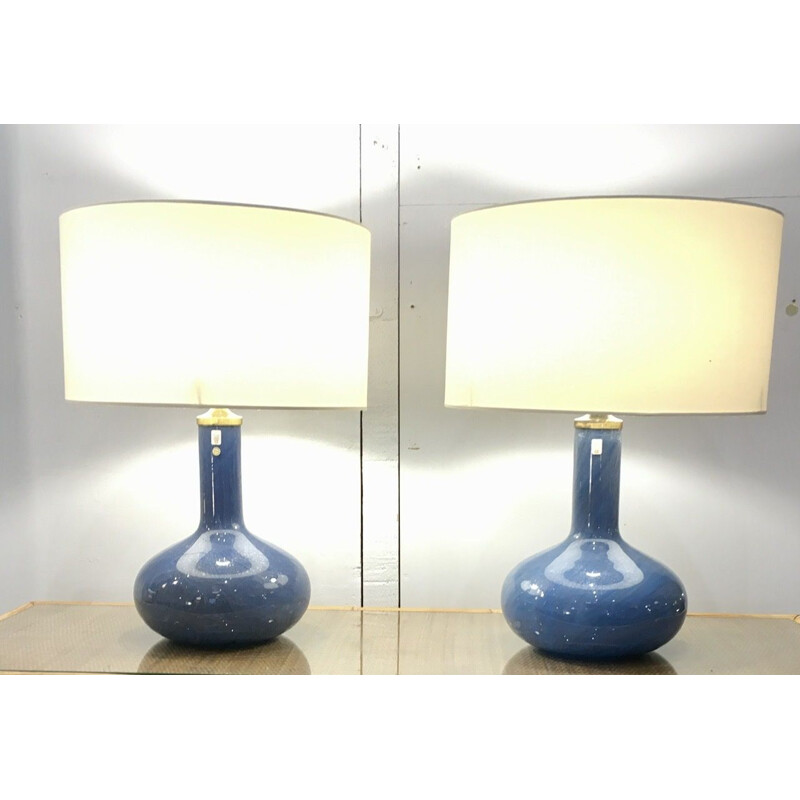 Pair of vintage Holmegaard Troll 2 lamps in iridescent blue glass by Sidse  Werner, Denmark 1980s