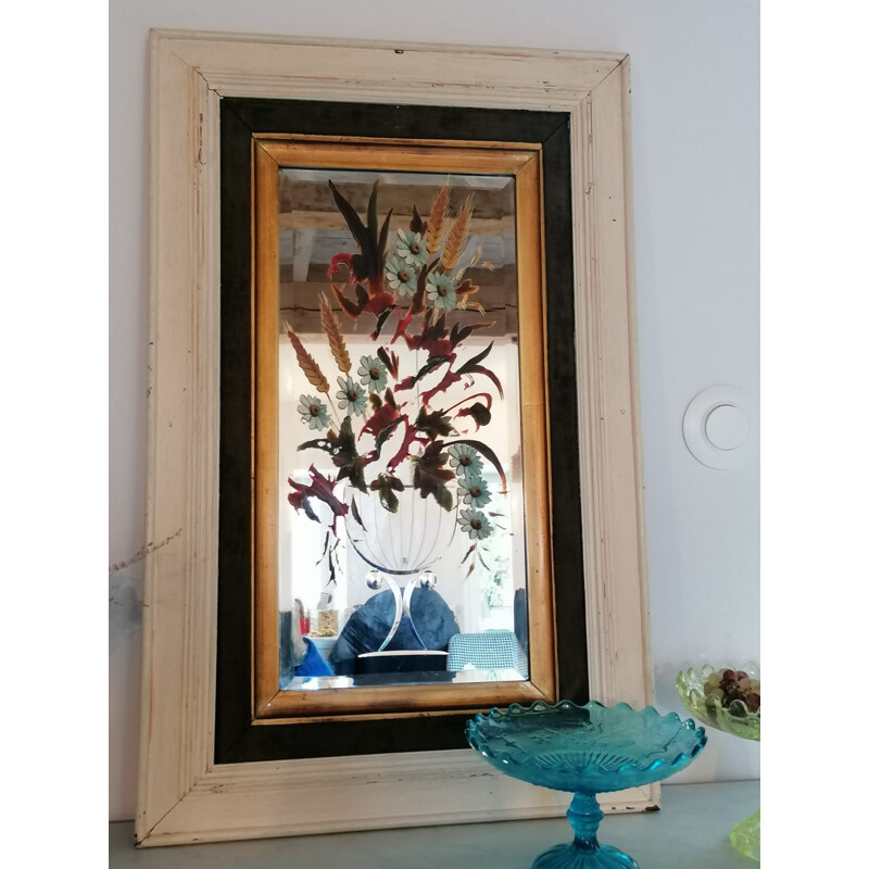 Coppia di specchi vintage incisi e dipinti a mano in legno bianco