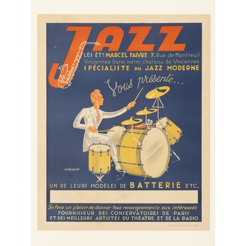 Manifesto pubblicitario d'epoca in cornice di legno di frassino, jazz, 1940