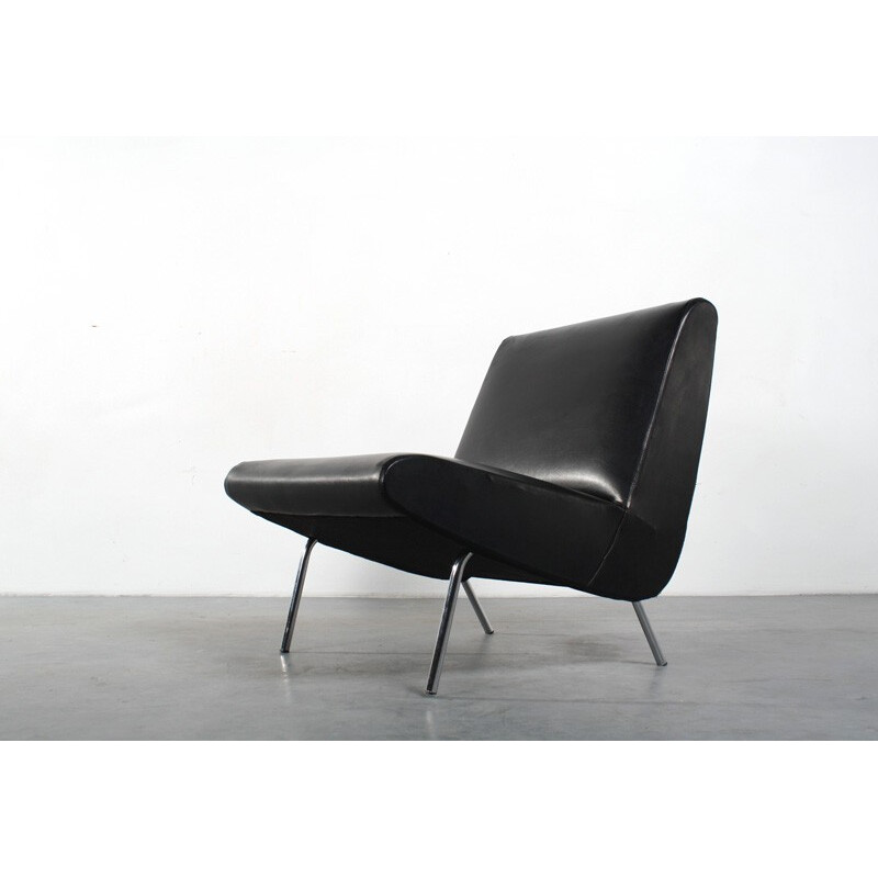 Vintage zwarte lederen fauteuil - 1960