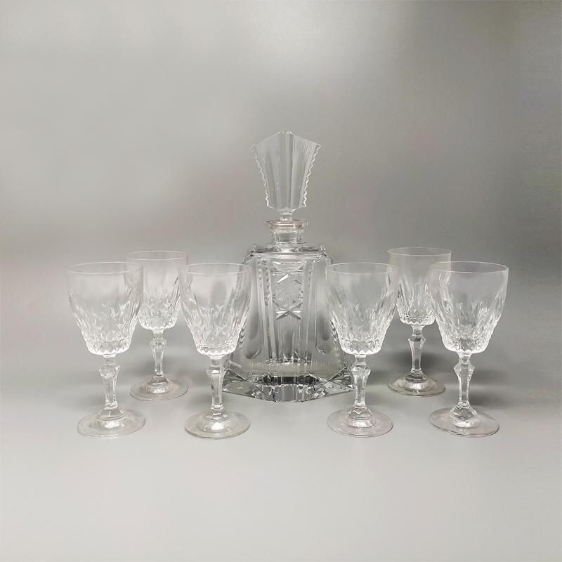 Carafe vintage avec 6 verres en cristal, Italie 1950