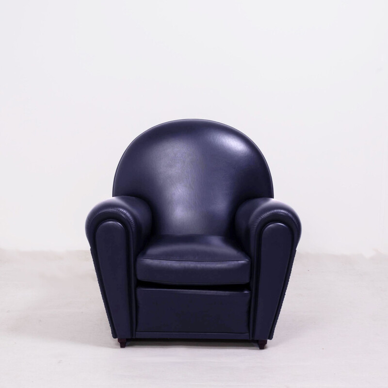 Set of vintage armchair and sofa in dark blue leather, Poltrona Frau 1930s