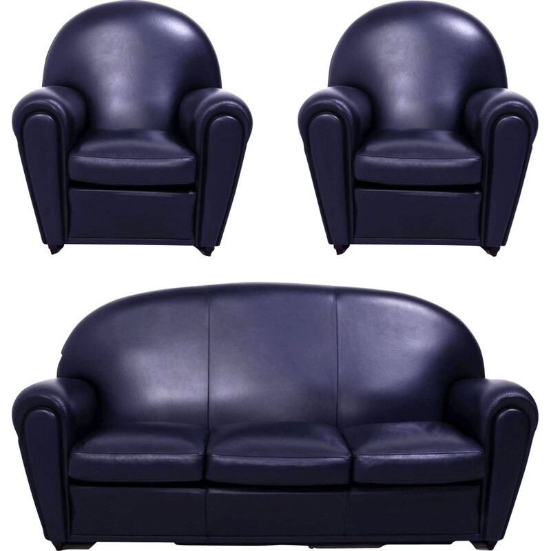 Conjunto de sofá y sillón de cuero azul oscuro, Poltrona Frau 1930