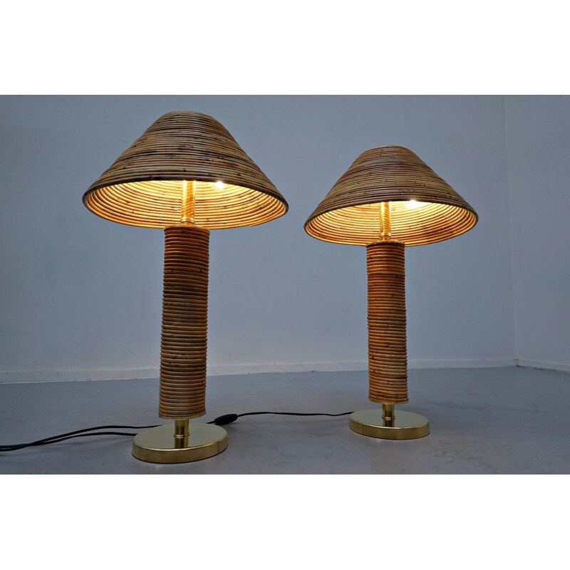 Pareja de lámparas de mesa vintage de latón y bambú, Italia
