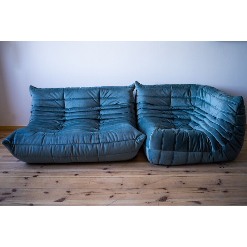 Vintage sofa with corner armchair and velvet pouffe by Michel Ducaroy for  Ligne Roset