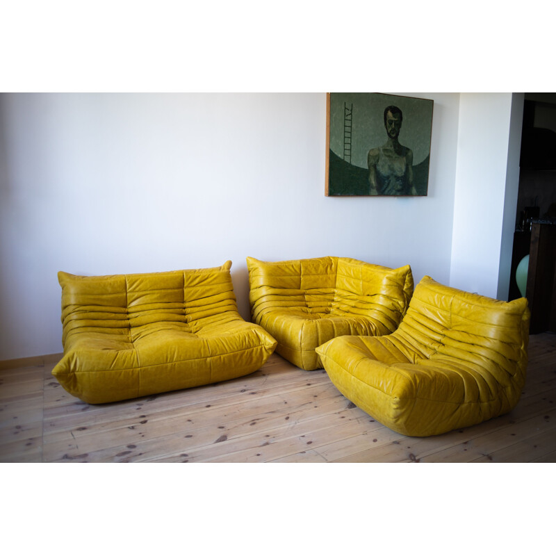 Togo sofa with chaise longue and vintage leather pouffe by Michel Ducaroy  for Ligne Roset