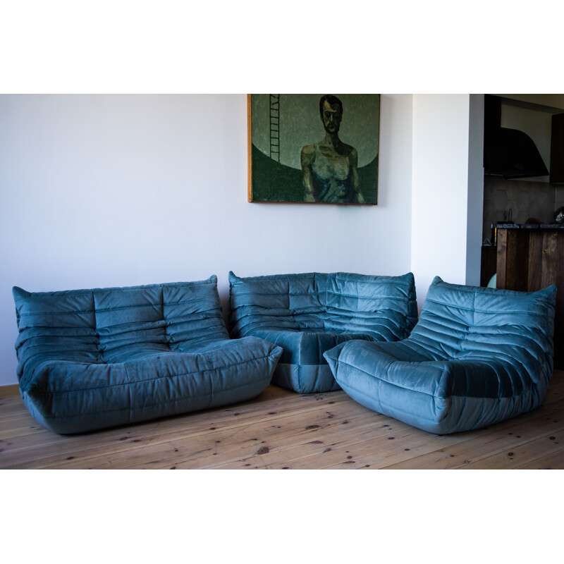 Sofa Togo mit Sessel und Hocker im Vintage-Stil aus Samt von Michel Ducaroy  für Ligne