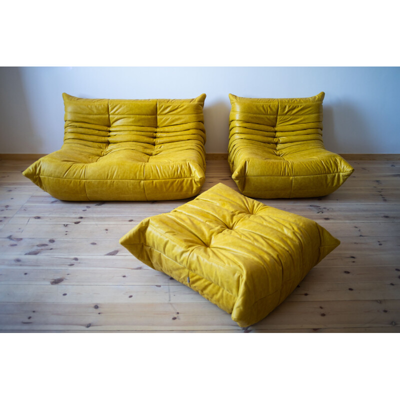 Togo-Sofa mit Sessel und Hocker im Vintage-Look aus Leder von Michel  Ducaroy für Ligne