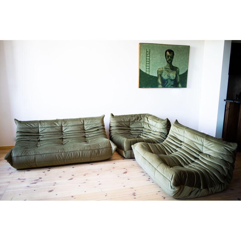 Vintage Togo sofa green velvet by Michel Ducaroy for Ligne Roset