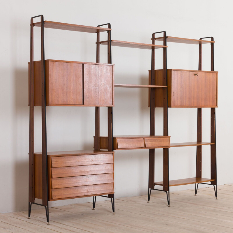 Vintage teak wall unit with a desk and a bar cabinet Denmark 1960s