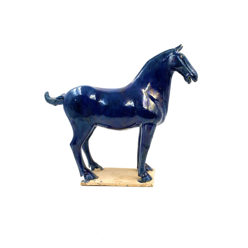 Pair of vintage Tang horse statues in blue and green glazed terra cotta,  China