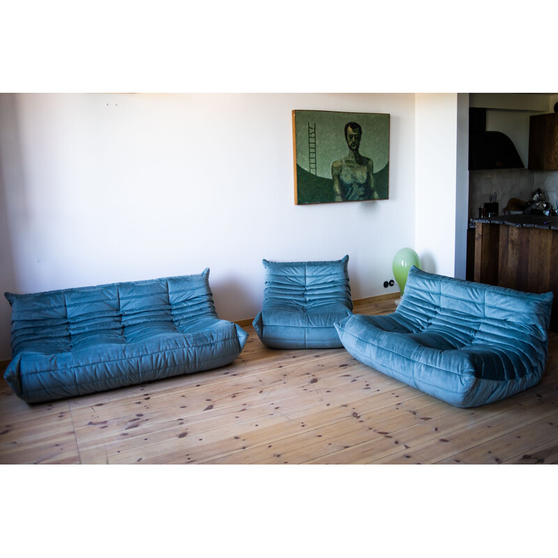 Set of vintage 3 and 2 seater sofa with armchair Togo velvet by Michel  Ducaroy for